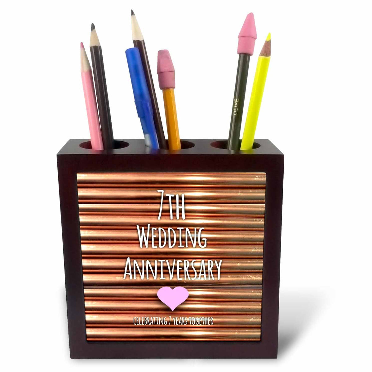3dRose InspirationzStore Occasions - 7th Wedding Anniversary gift - Copper celebrating 7 years together - seventh anniversaries seven - Tile Pen Holders (ph_154436)