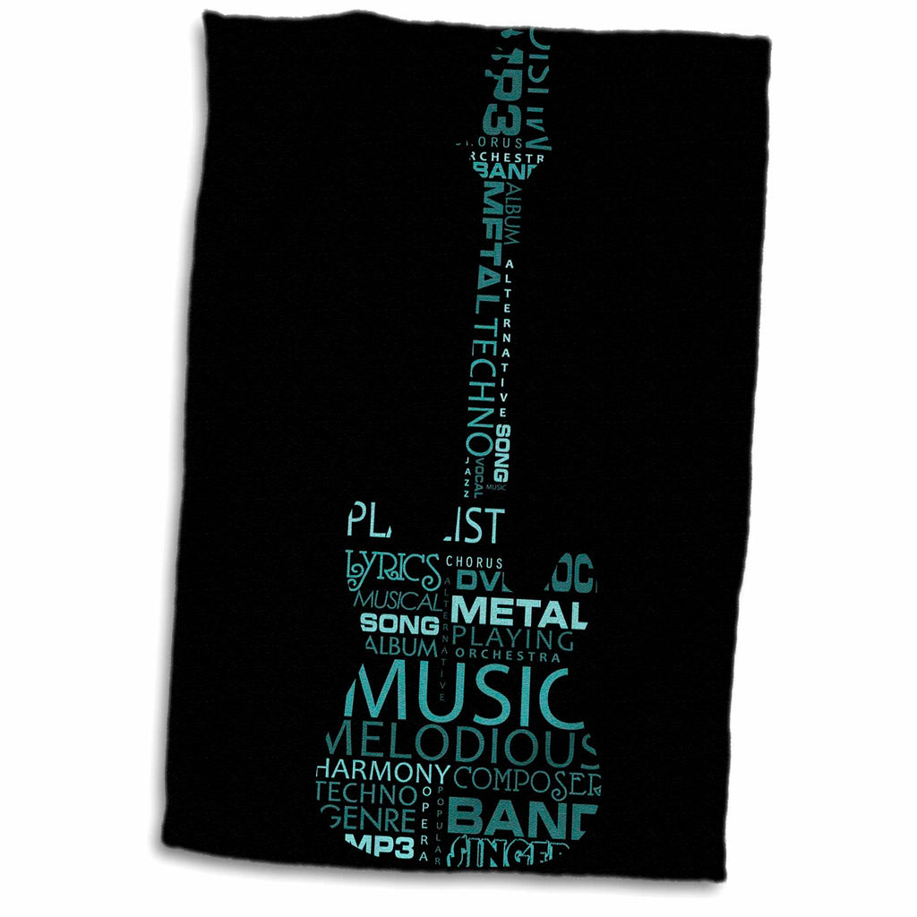 3dRose The Word Music Shaped Like A Guitar in Turquoise - Towels (twl-101439)