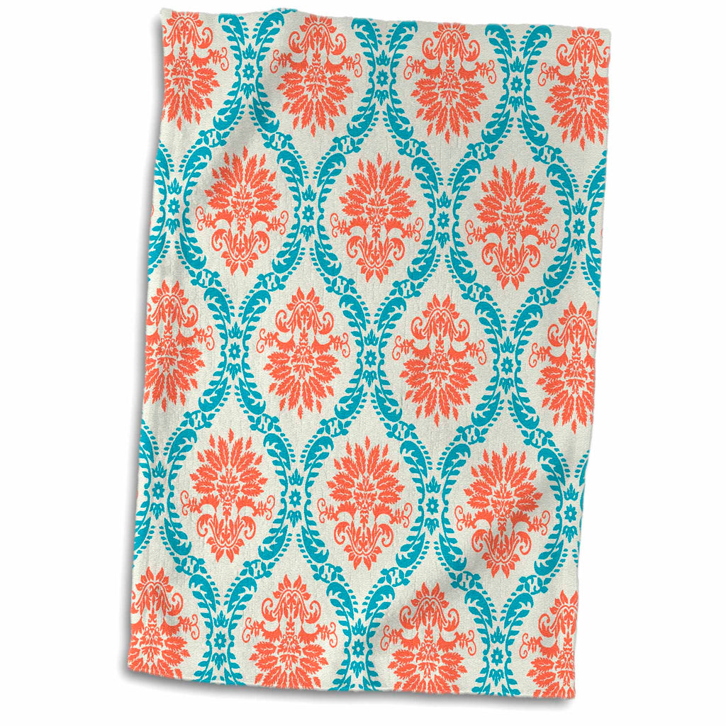 3dRose Dooni Designs Tangerine Orange and Aqua Blue Ornate Damask Pattern - Towels (twl-116412)