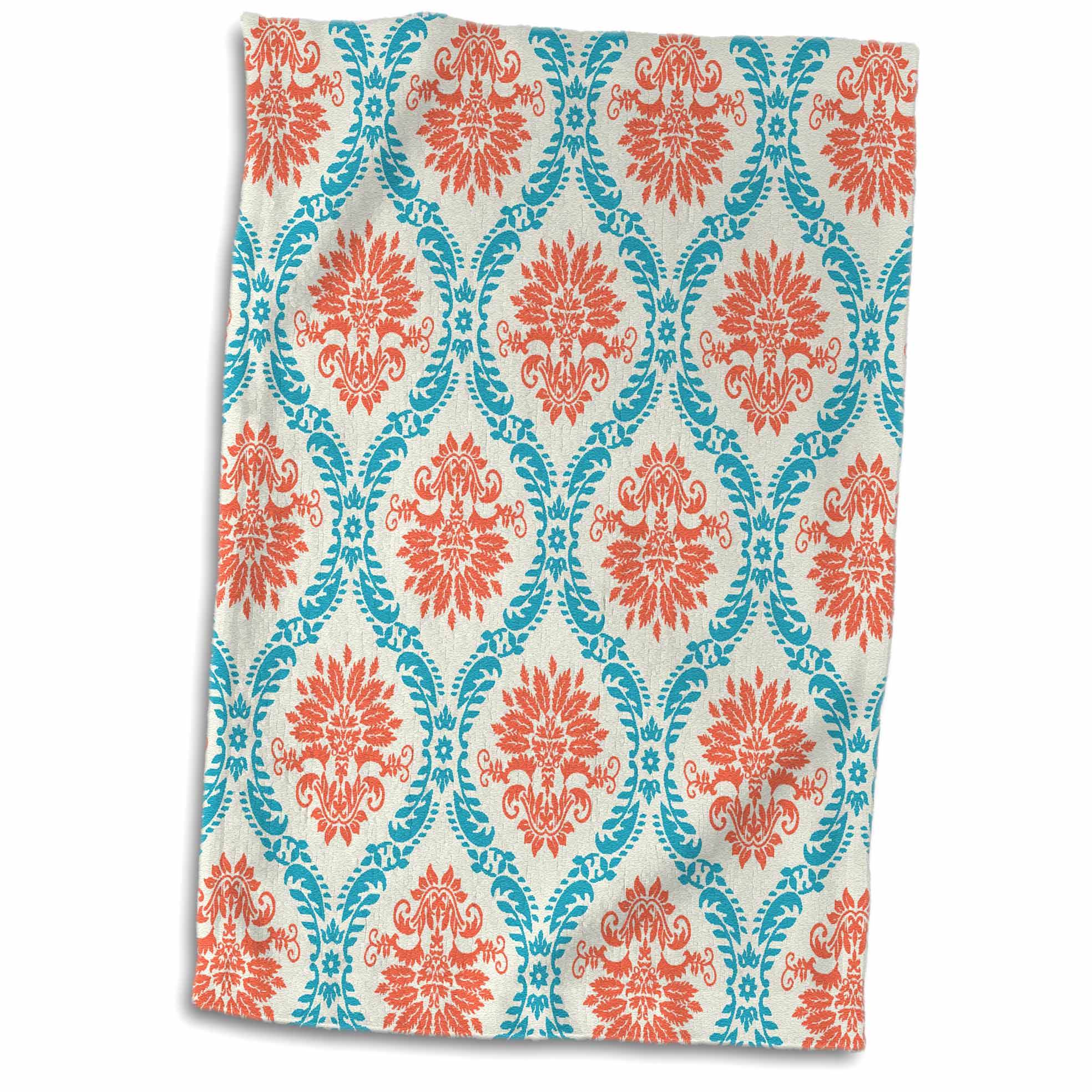 3dRose Dooni Designs Tangerine Orange and Aqua Blue Ornate Damask Pattern - Towels (twl-116412)