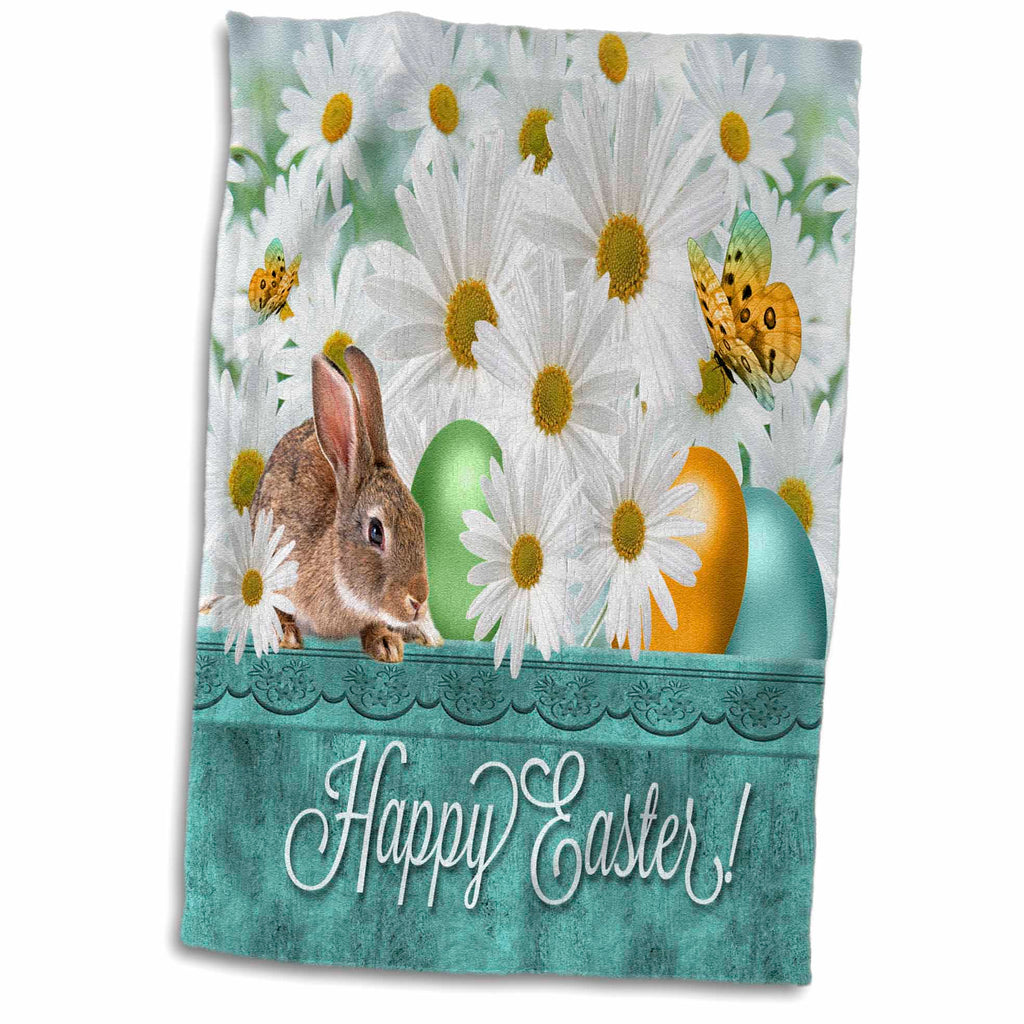 3dRose White Daisies with a Bunny and Colored Easter Eggs in Spring Blues and... - Towels (twl-127619)