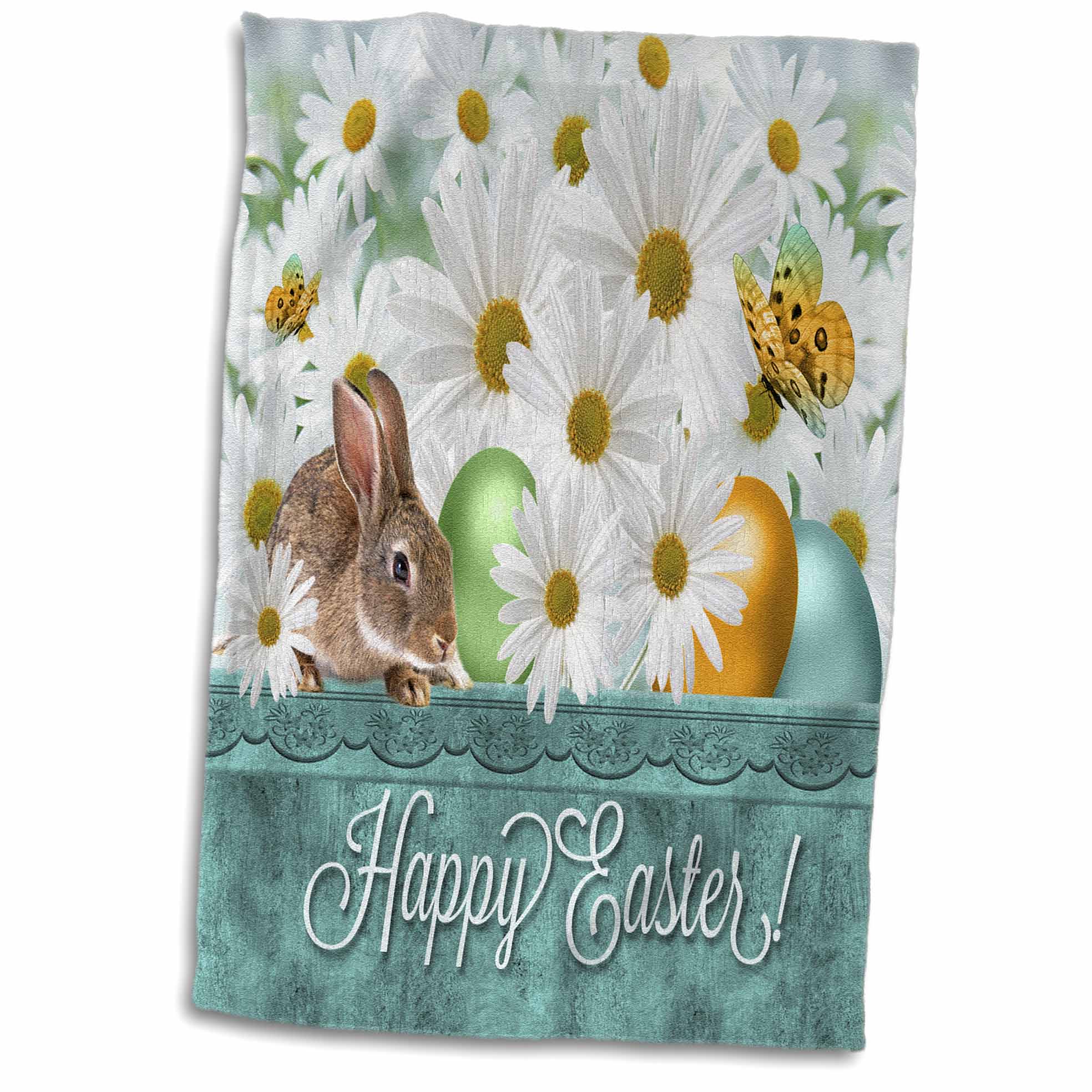 3dRose White Daisies with a Bunny and Colored Easter Eggs in Spring Blues and... - Towels (twl-127619)
