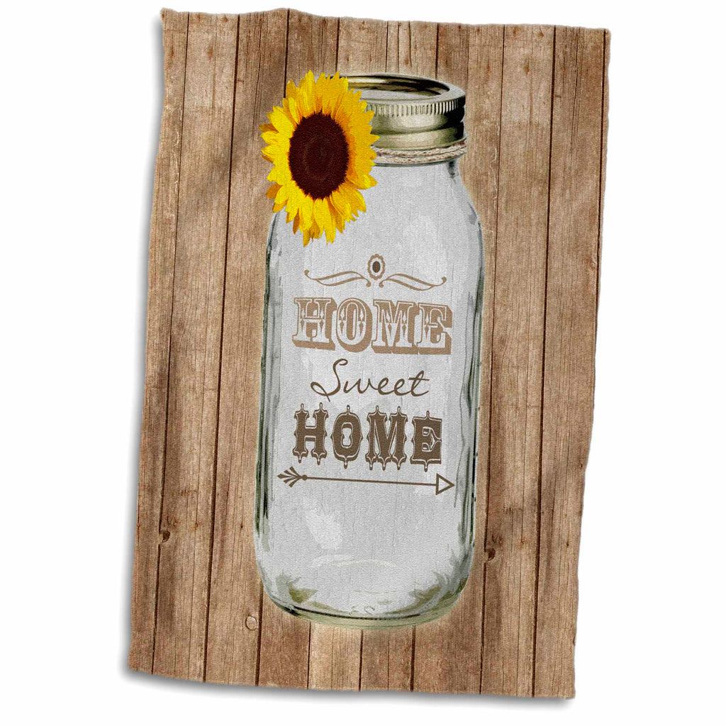 3dRose Country Rustic Mason Jar with Sunflower - Home Sweet Home - Towels (twl-128555)