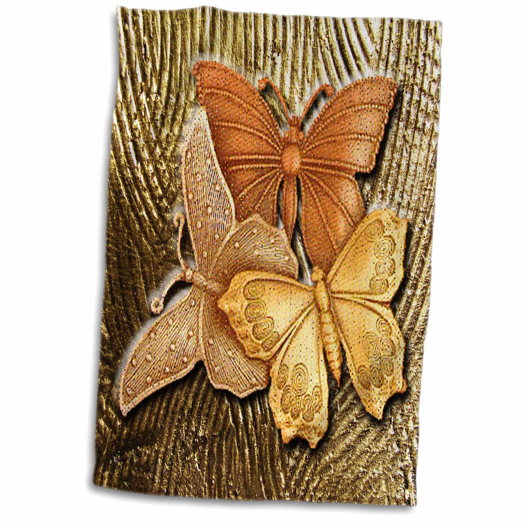 3dRose Gold Embossed Background with Accents and Three Beautiful Butterflies... - Towels (twl-128812)