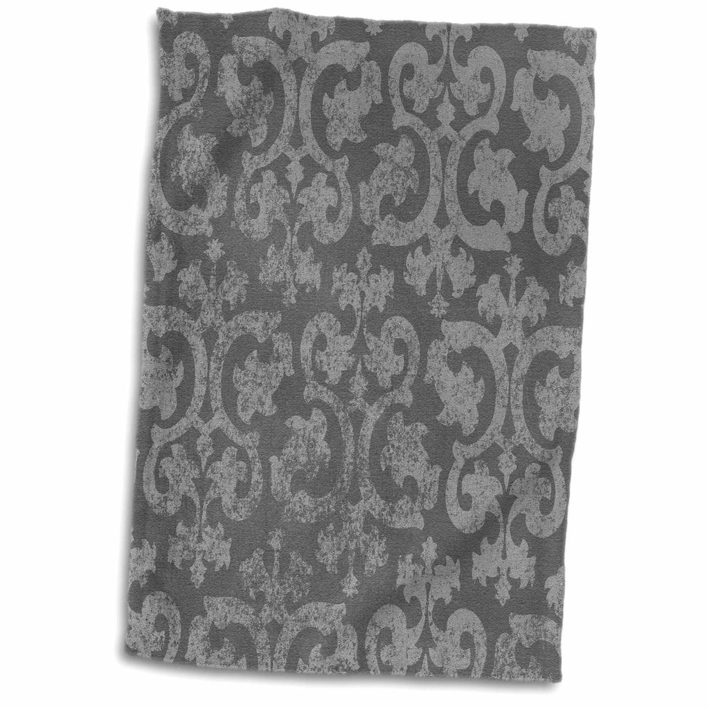 3dRose Grunge dark gray damask - silver grey faded antique vintage swirls... - Towels (twl-151435)