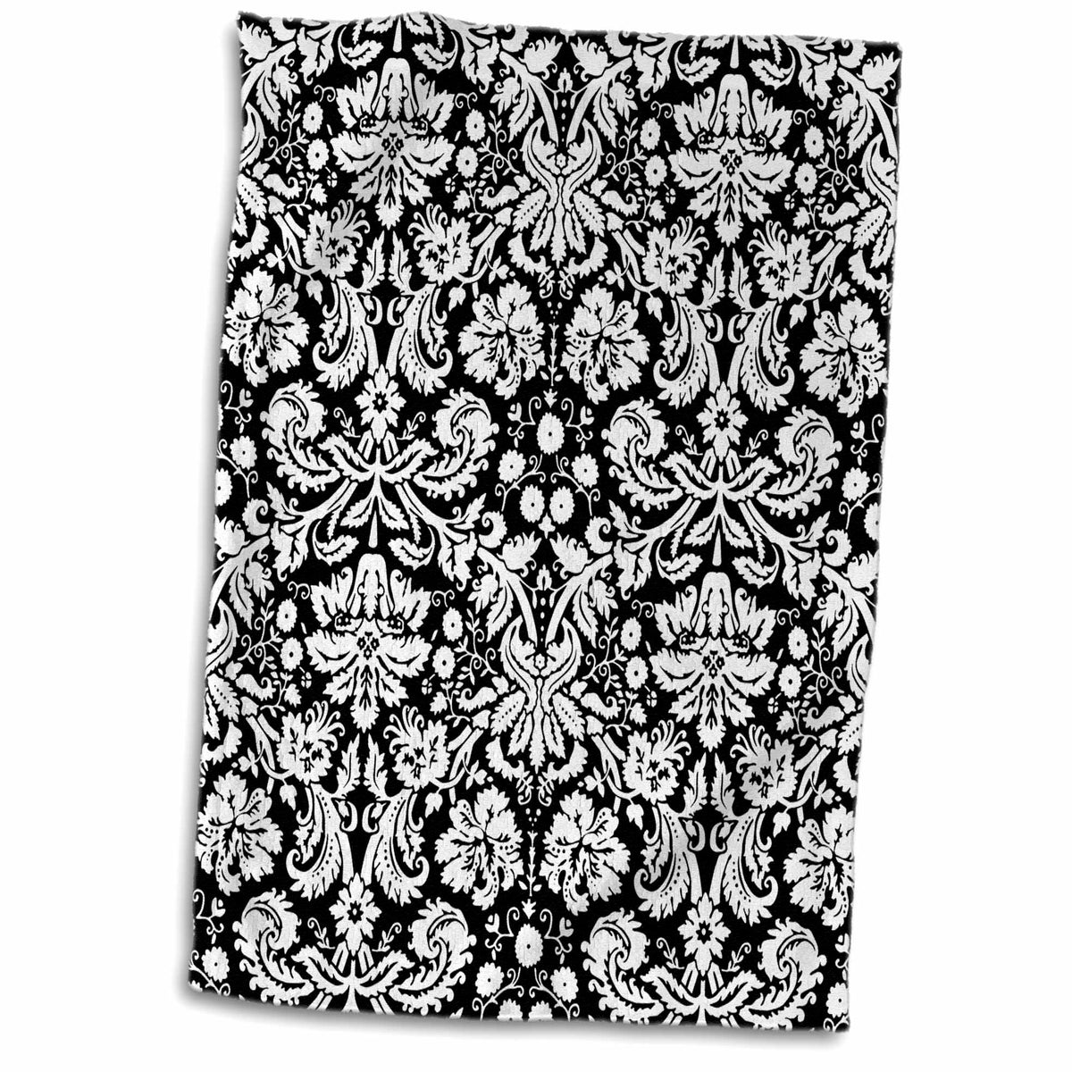 3dRose Black Damask with White Stylish Swirly French Floral Pattern Vintage... - Towels (twl-151442)