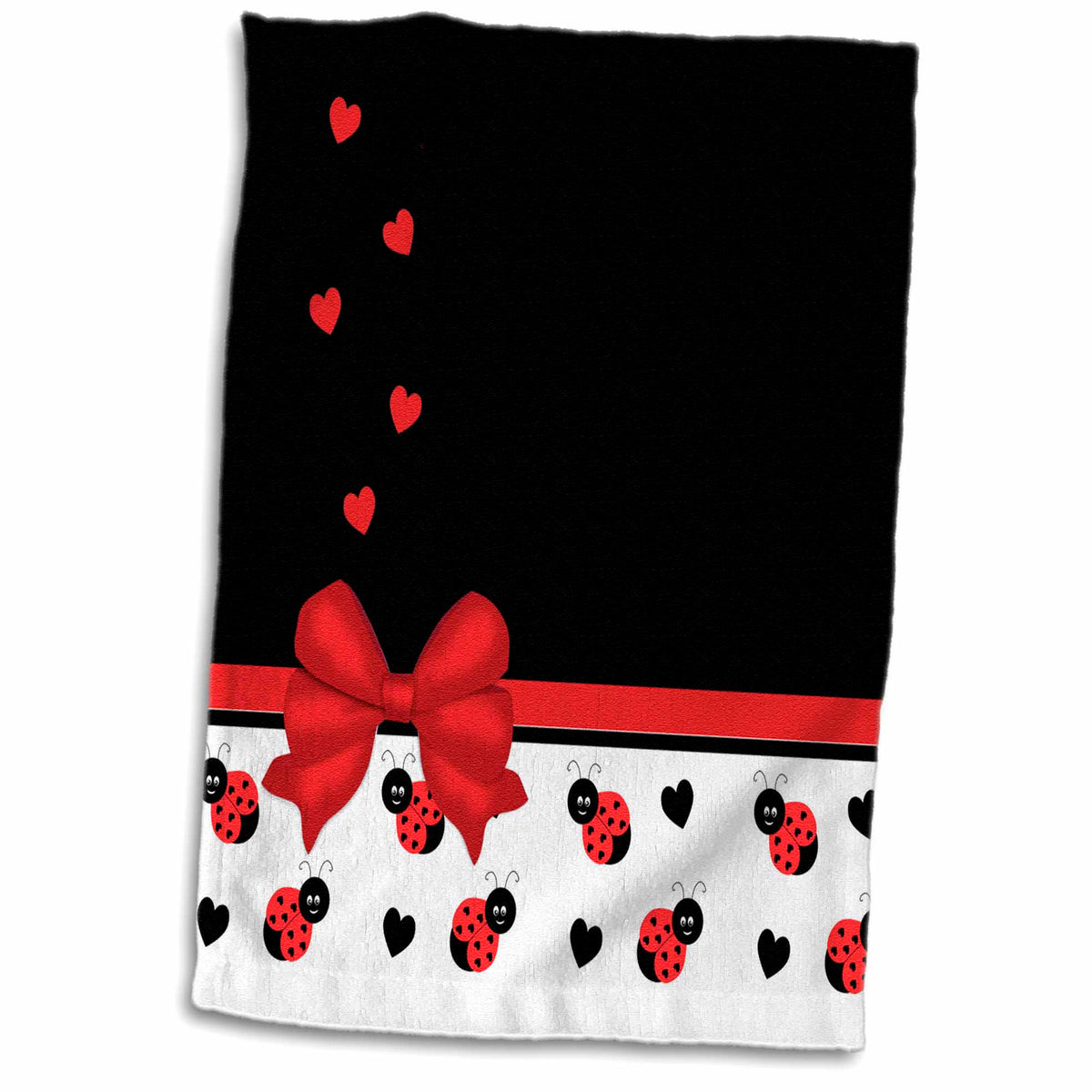 3dRose Cute Red Black Ladybugs Floating Hearts Red Ribbon - Towels (twl-155266)