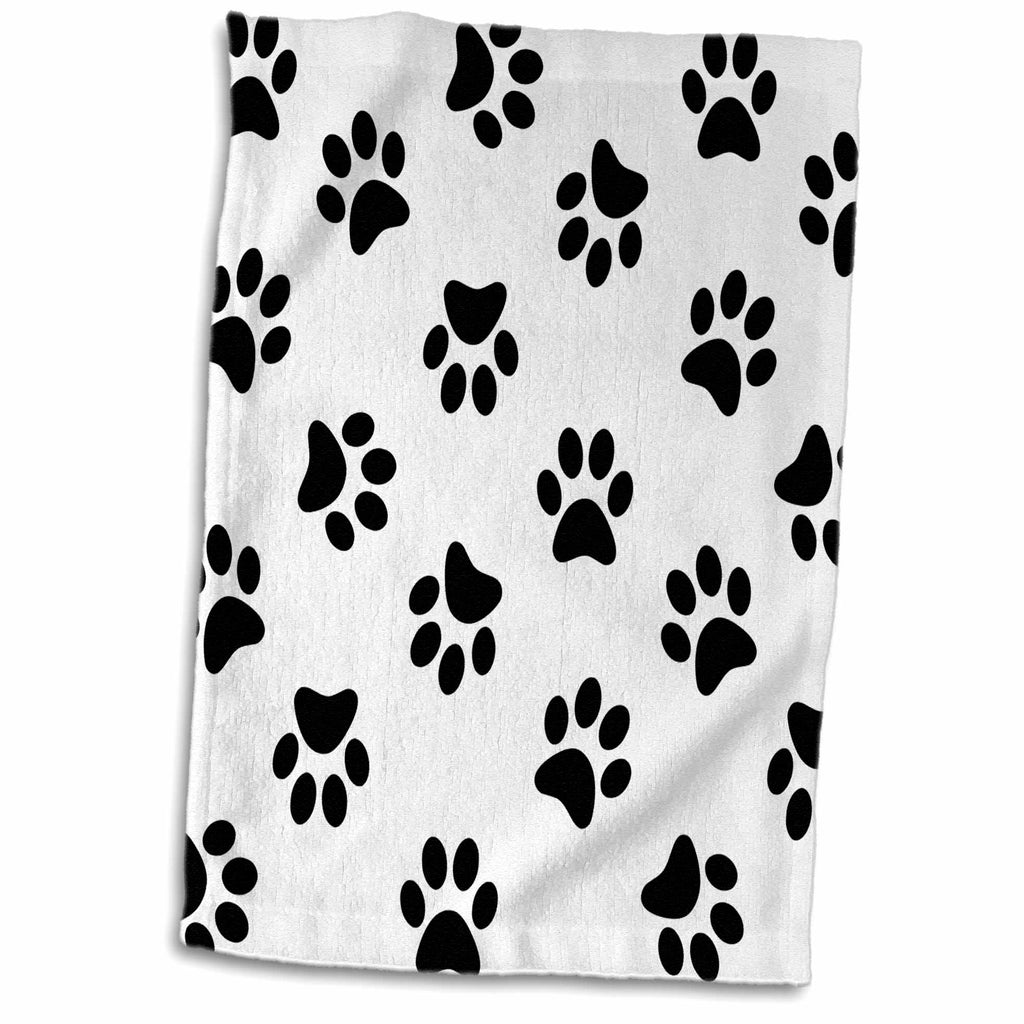 3dRose Paw Print Pattern - Black Pawprints on White - Cute Cartoon Animal eg... - Towels (twl-161521)