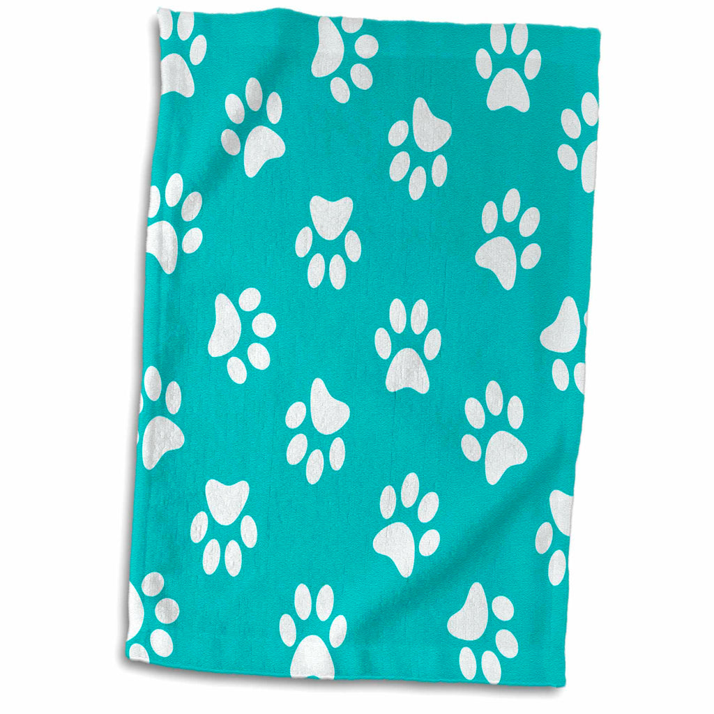 3dRose Teal Blue and White Paw Print Pattern - Turquoise Pawprints - Cute... - Towels (twl-161531)