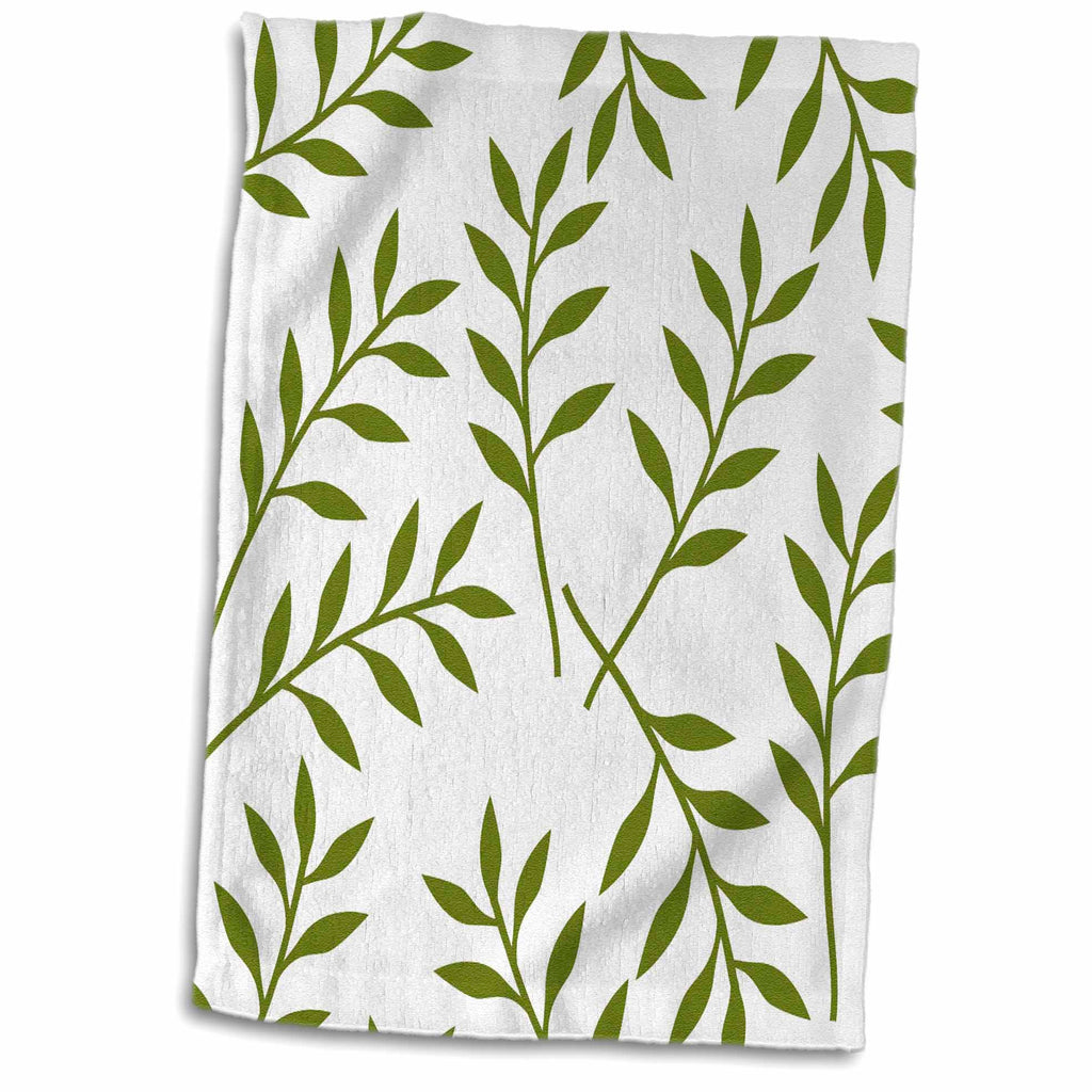3dRose PS Creations - Olive Green and White Chic Leaves - Towels (twl-164483)