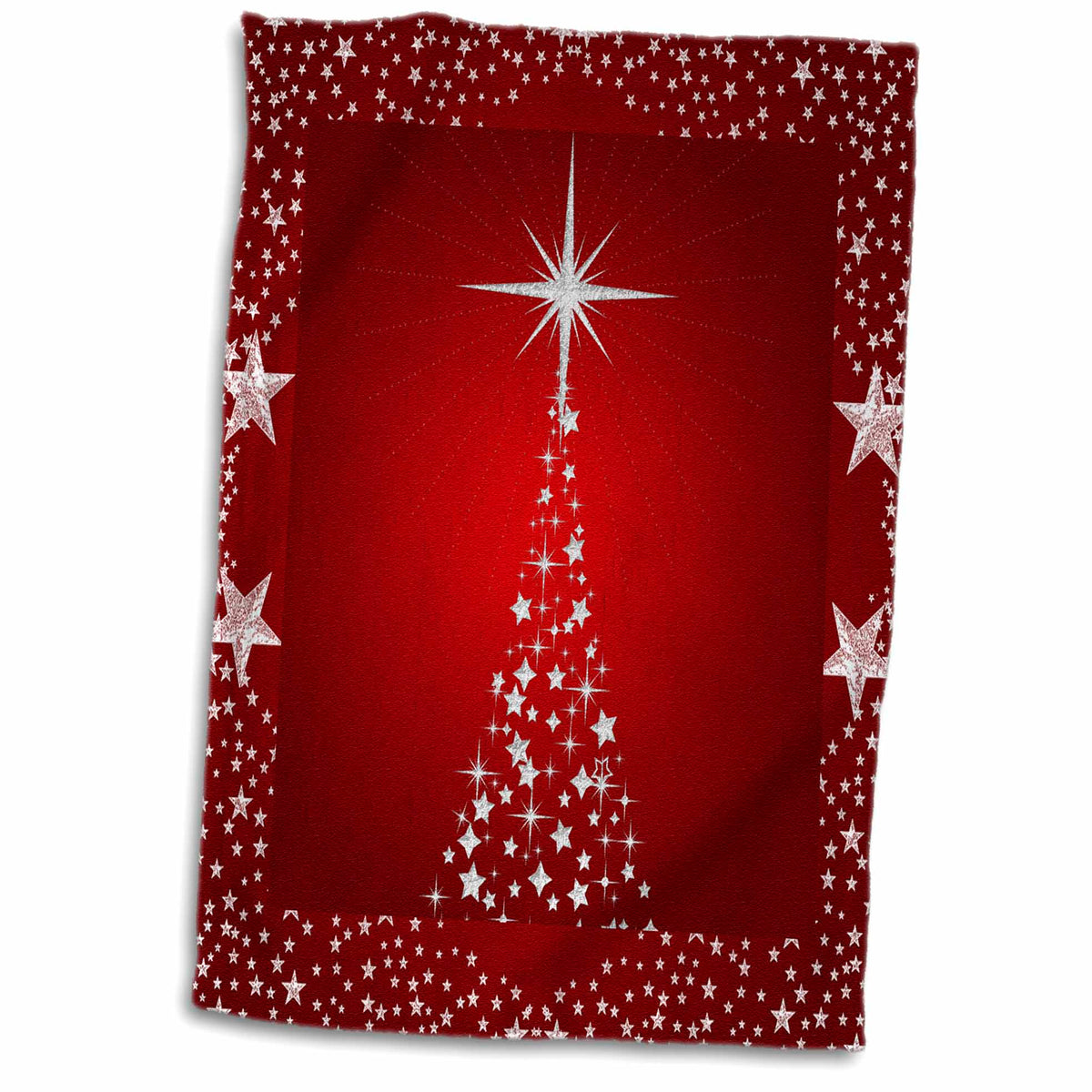 3dRose Silver Star Christmas Tree with Holiday Red Background - Towels (twl-164753)