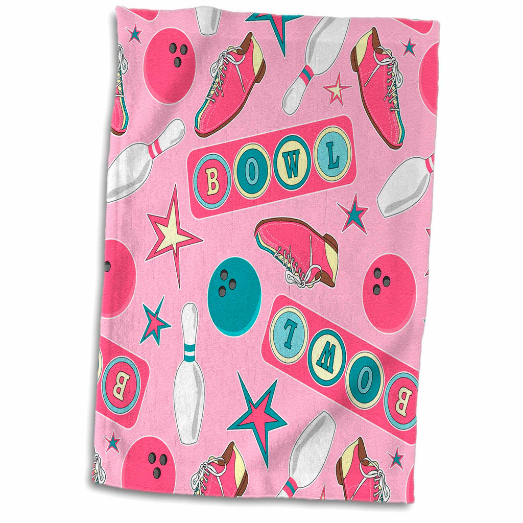3dRose Janna Salak Designs Bowling - Retro Bowling Print Pink - Towels (twl-172146)
