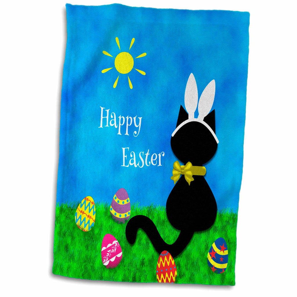 3dRose Cute Black Cat Happy Easter - Towels (twl-180667)