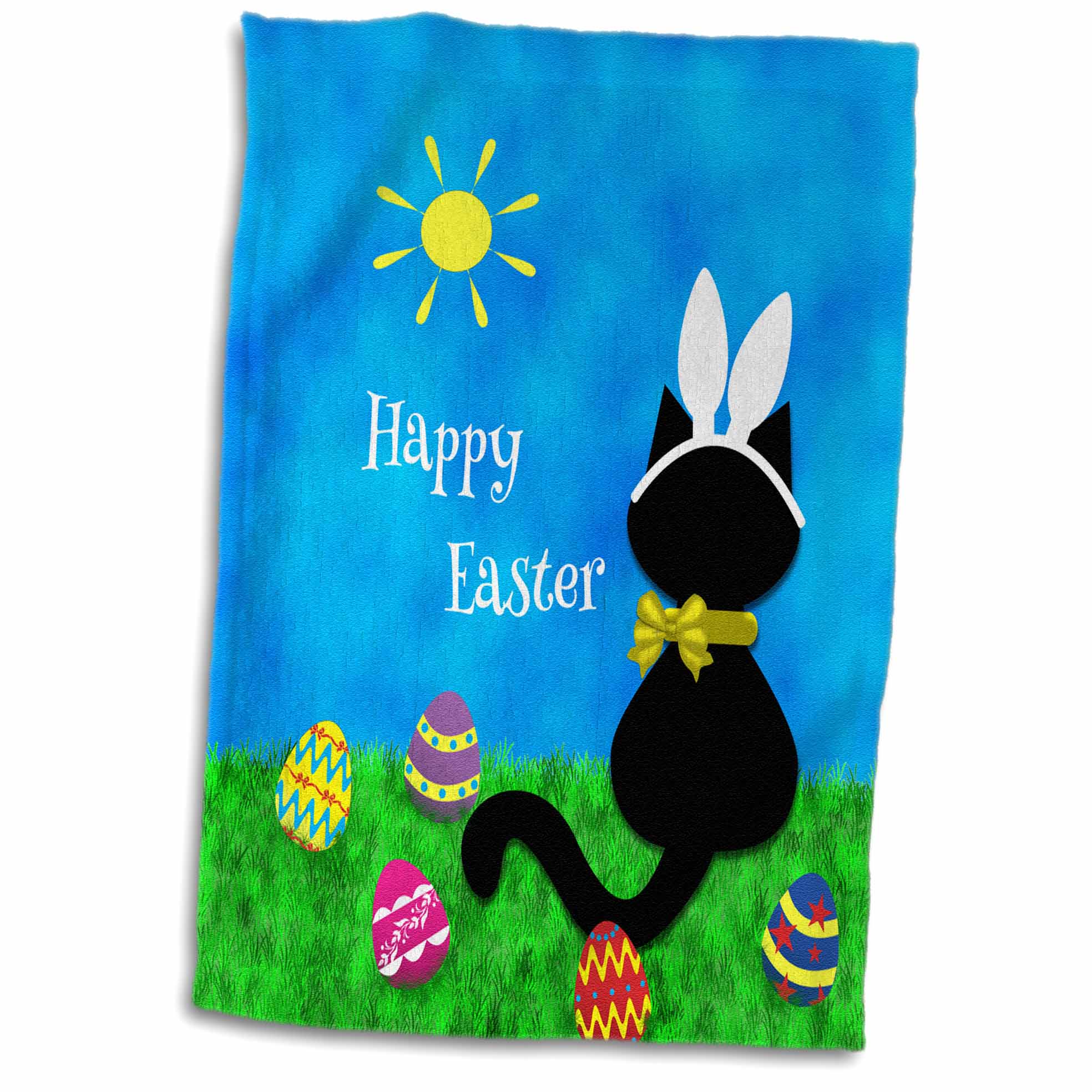 3dRose Cute Black Cat Happy Easter - Towels (twl-180667)