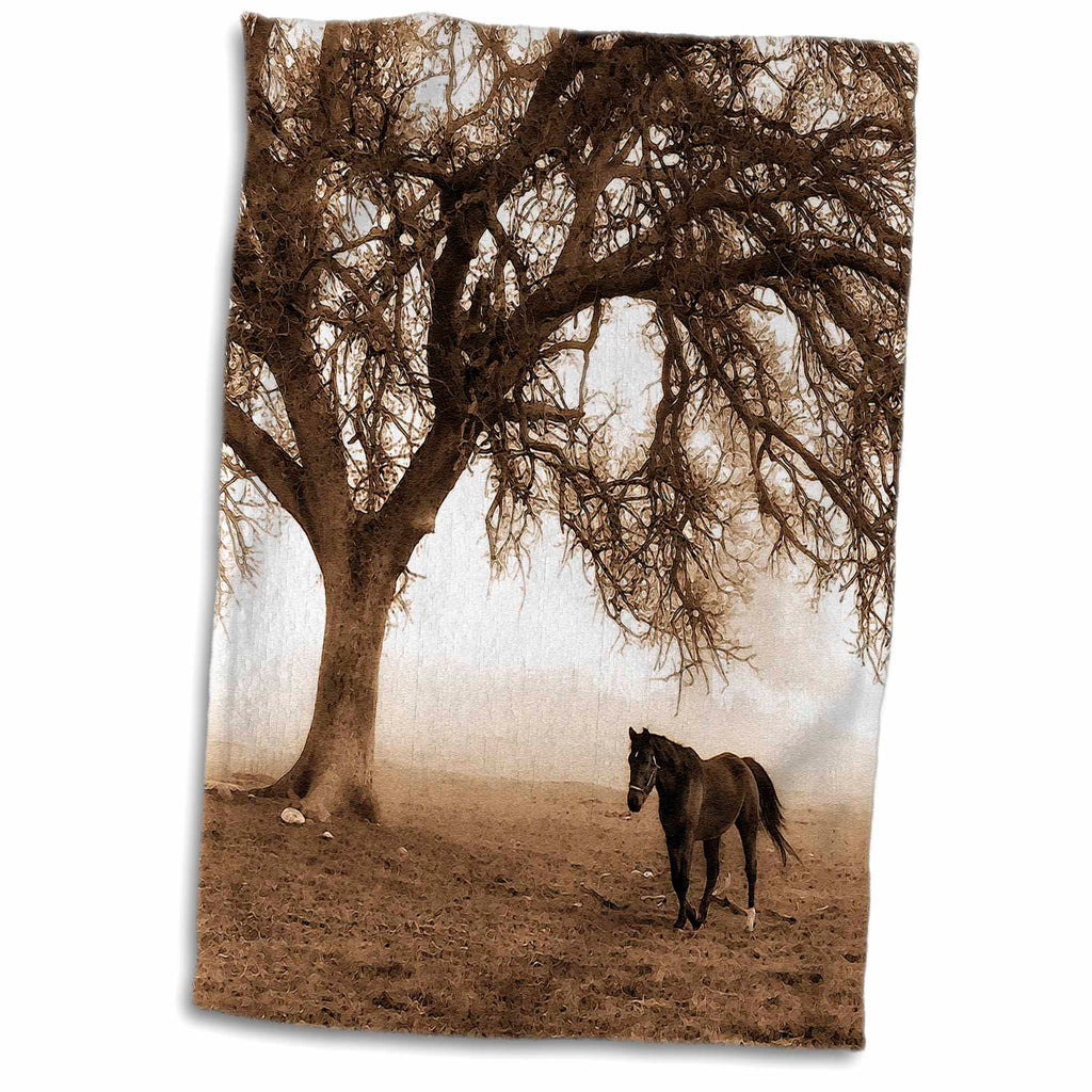 3dRose Western Sepia Toned Horse on a Ranch with an Oak Tree - Towels (twl-202972)