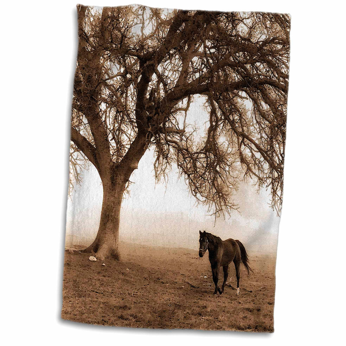 3dRose Western Sepia Toned Horse on a Ranch with an Oak Tree - Towels (twl-202972)
