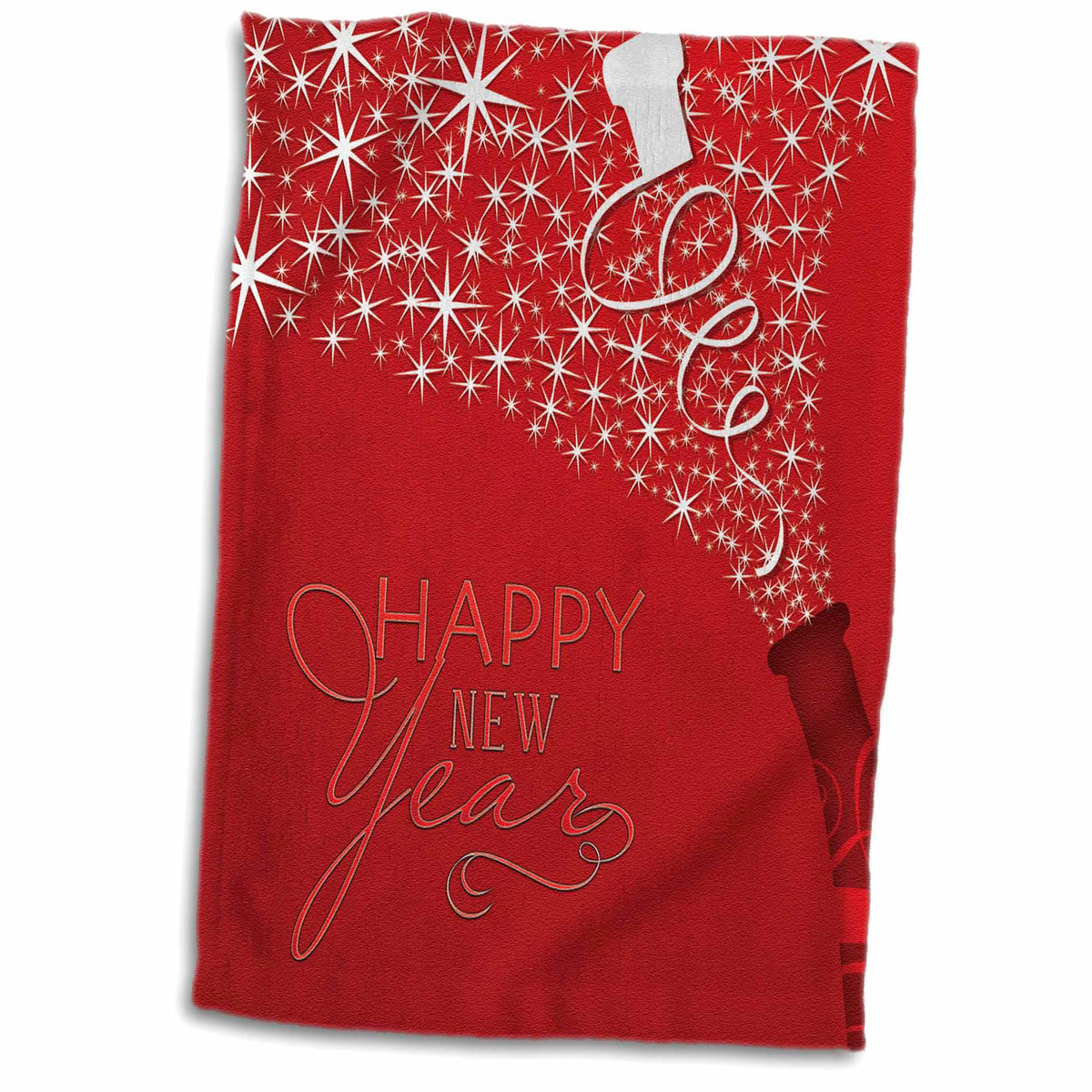 3dRose Happy New Year with Champaign and Cork on Red Background - Towels (twl-203114)