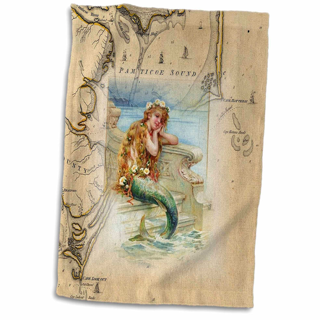 3dRose Print of Vintage Map Outer Banks With Mermaid - Towels (twl-204851)