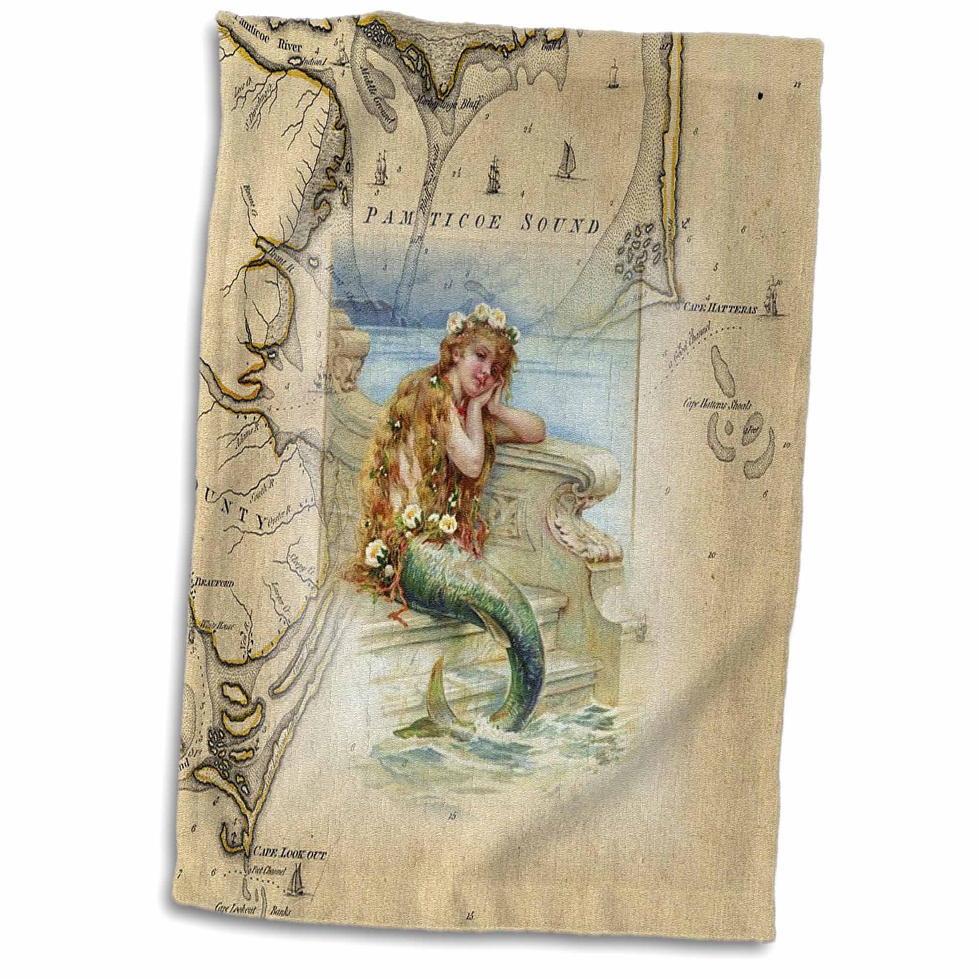 3dRose Print of Vintage Map Outer Banks With Mermaid - Towels (twl-204851)