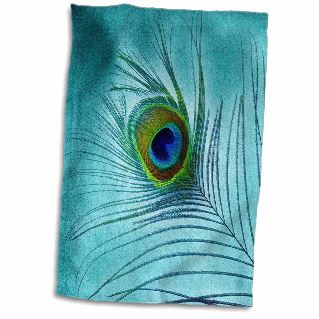 3dRose Doreen Erhardt Birds - Peacock Feather on Turquoise Background - Towels (twl-211236)
