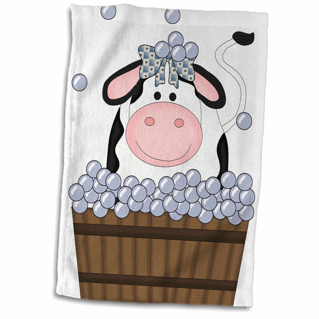 3dRose Cute Girl Cow in A Wooden Bath Tub with Bubbles - Towels (twl-215458)