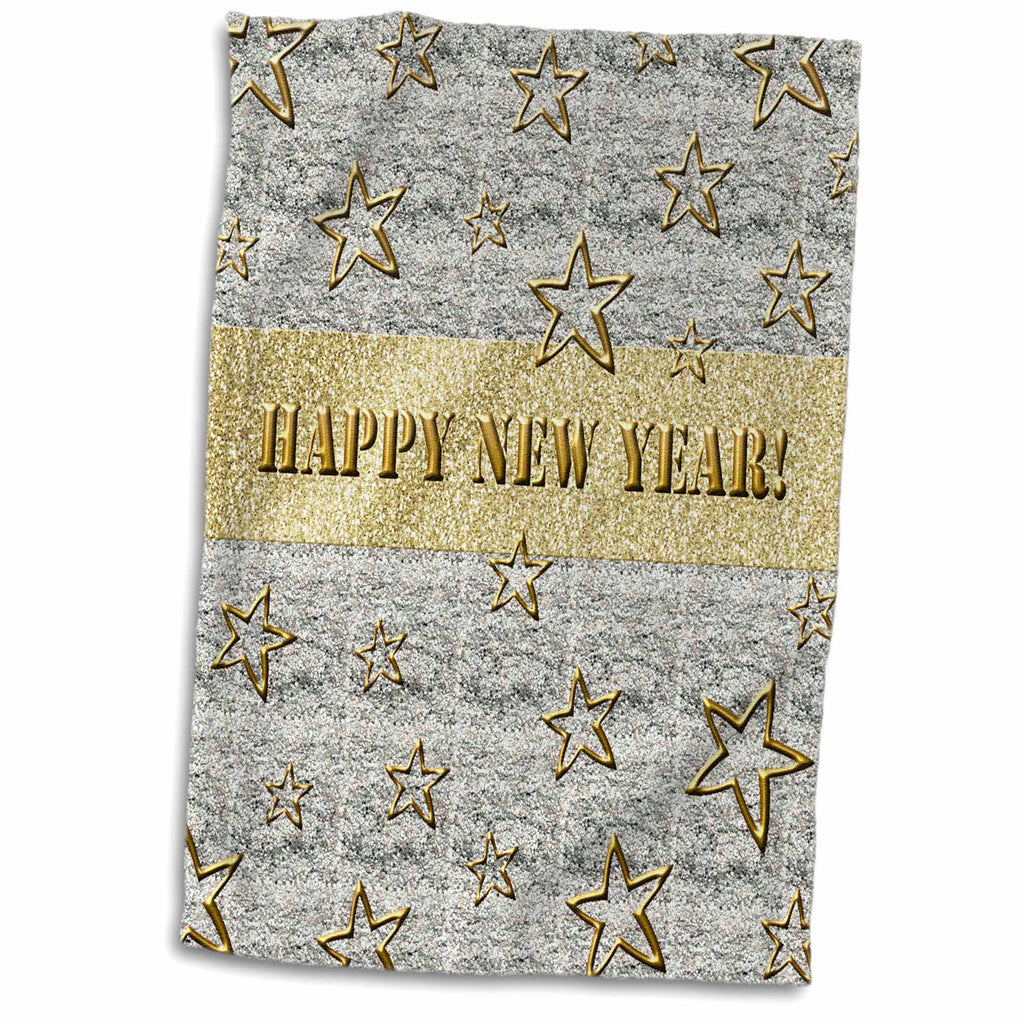 3dRose Gold Stars on Silver Textured Background, Happy New Year in Gold - Towels (twl-216661)