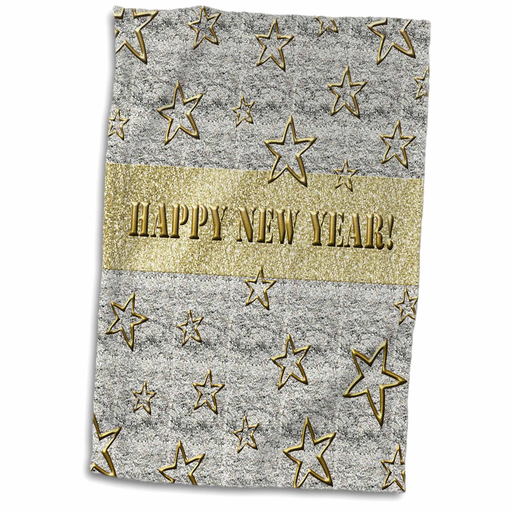 3dRose Gold Stars on Silver Textured Background, Happy New Year in Gold - Towels (twl-216661)