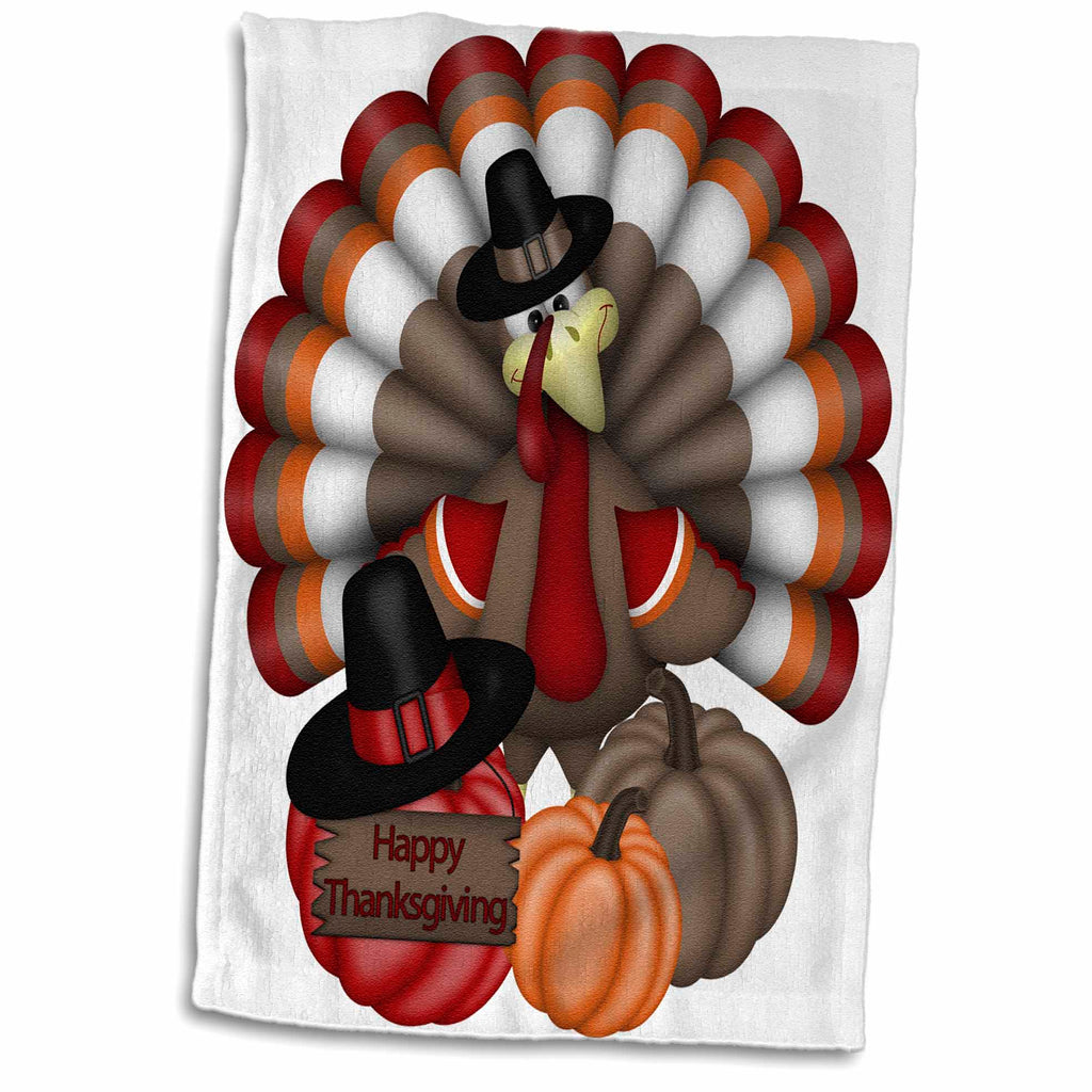 3dRose Cute Red, Orange, and Brown Turkey with Happy Thanksgiving - Towels (twl-216920)