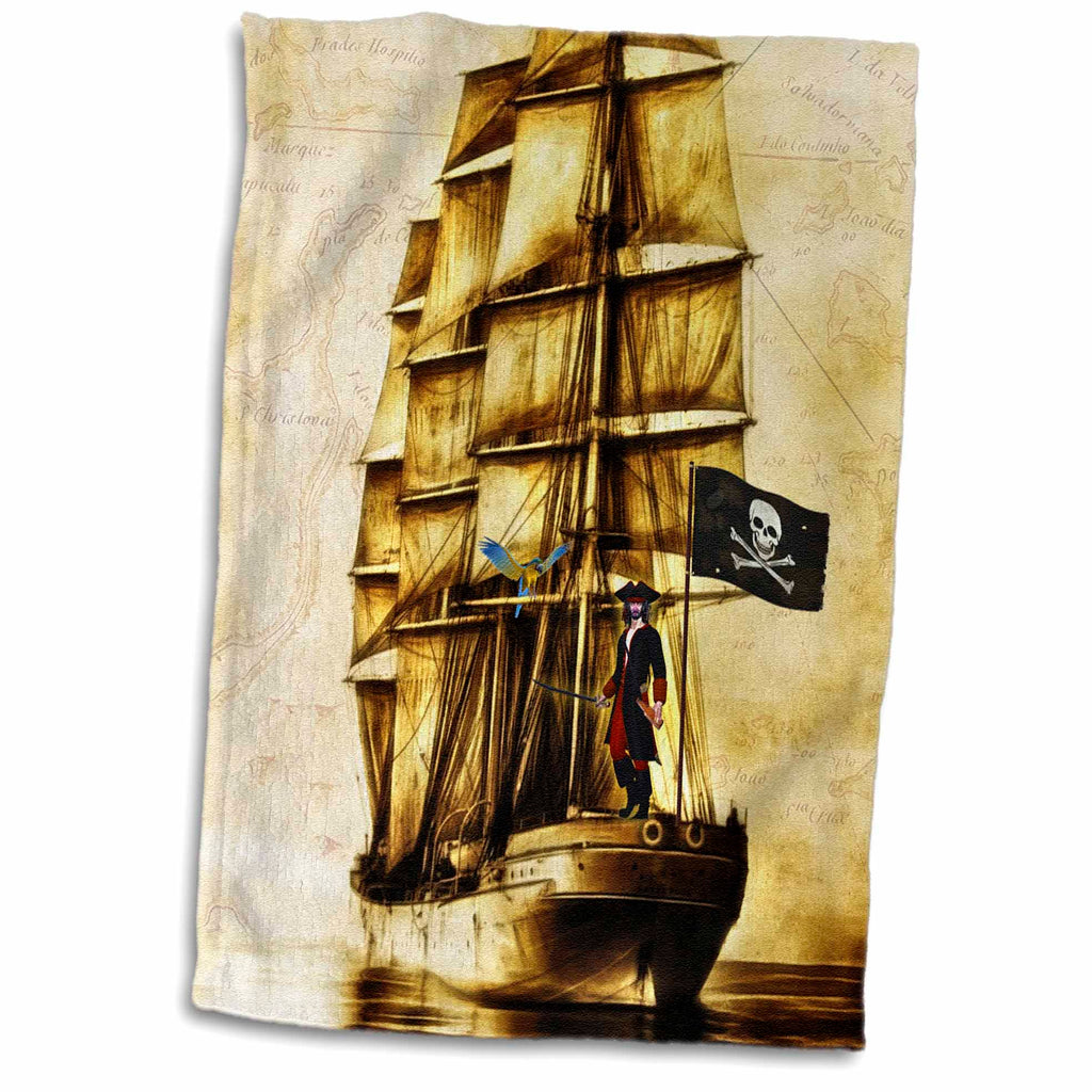3dRose Vintage Pirate Ship with Parrot and Old World Map - Towels (twl-217314)