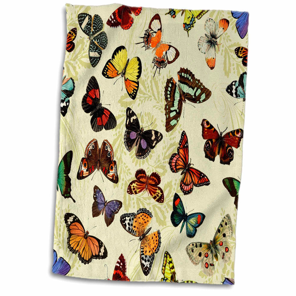 3dRose Pretty Butterflies on pale yellow floral print - Towels (twl-219027)