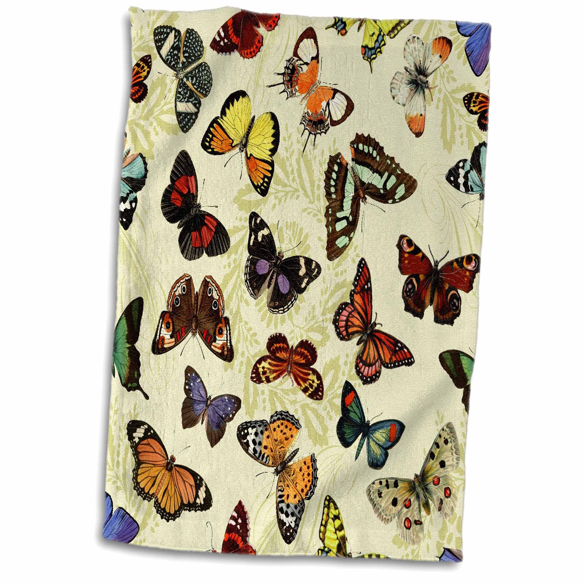 3dRose Pretty Butterflies on pale yellow floral print - Towels (twl-219027)