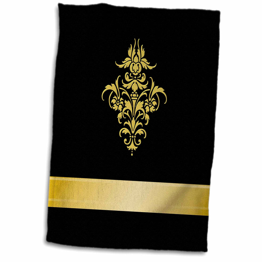 3dRose Stylish Faux Gold Effect Damask Element on Black Background - Towels (twl-219215)