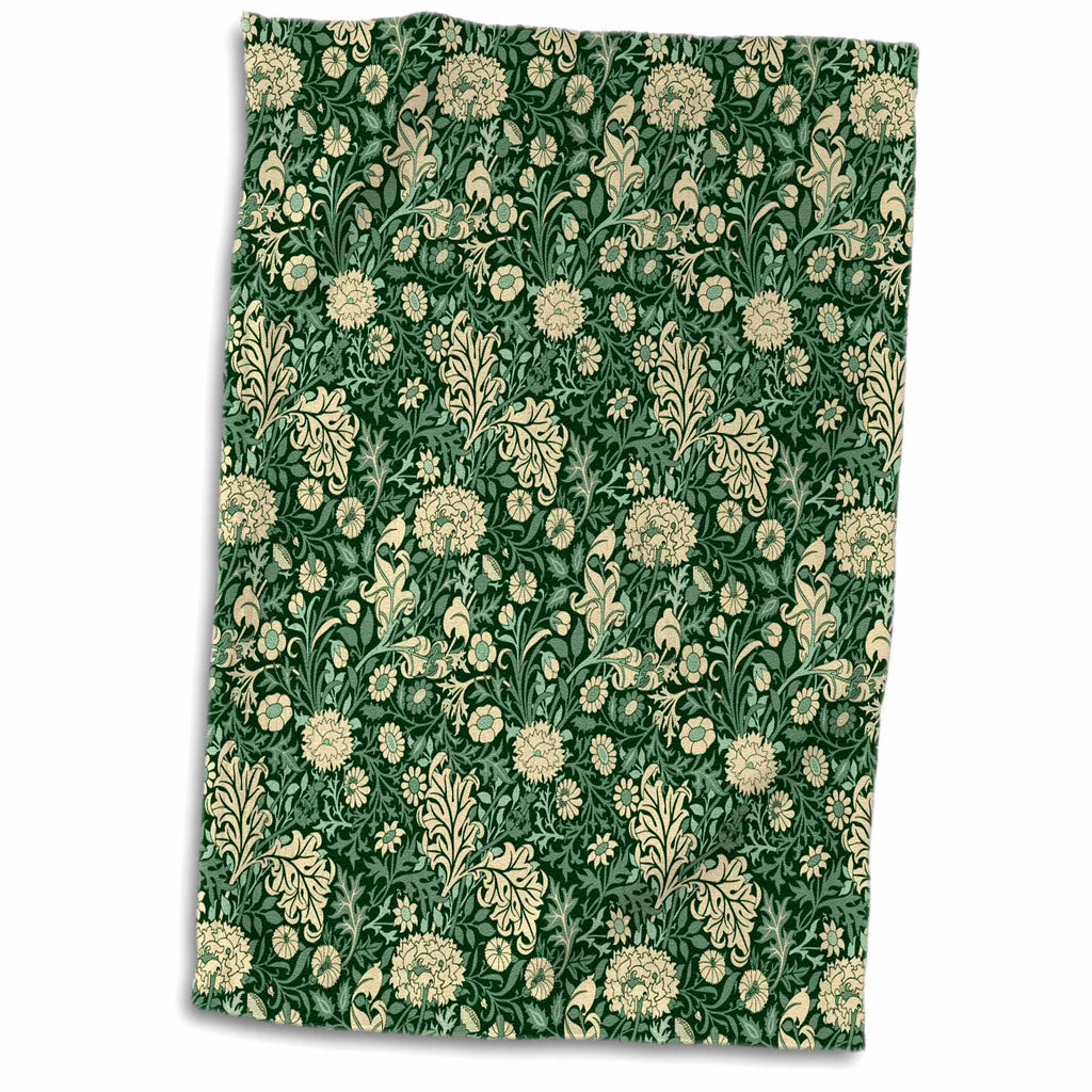 3dRose William Morris Cherwell Chintz Pattern in Forest Green and Buttermilk - Towels (twl-219414)