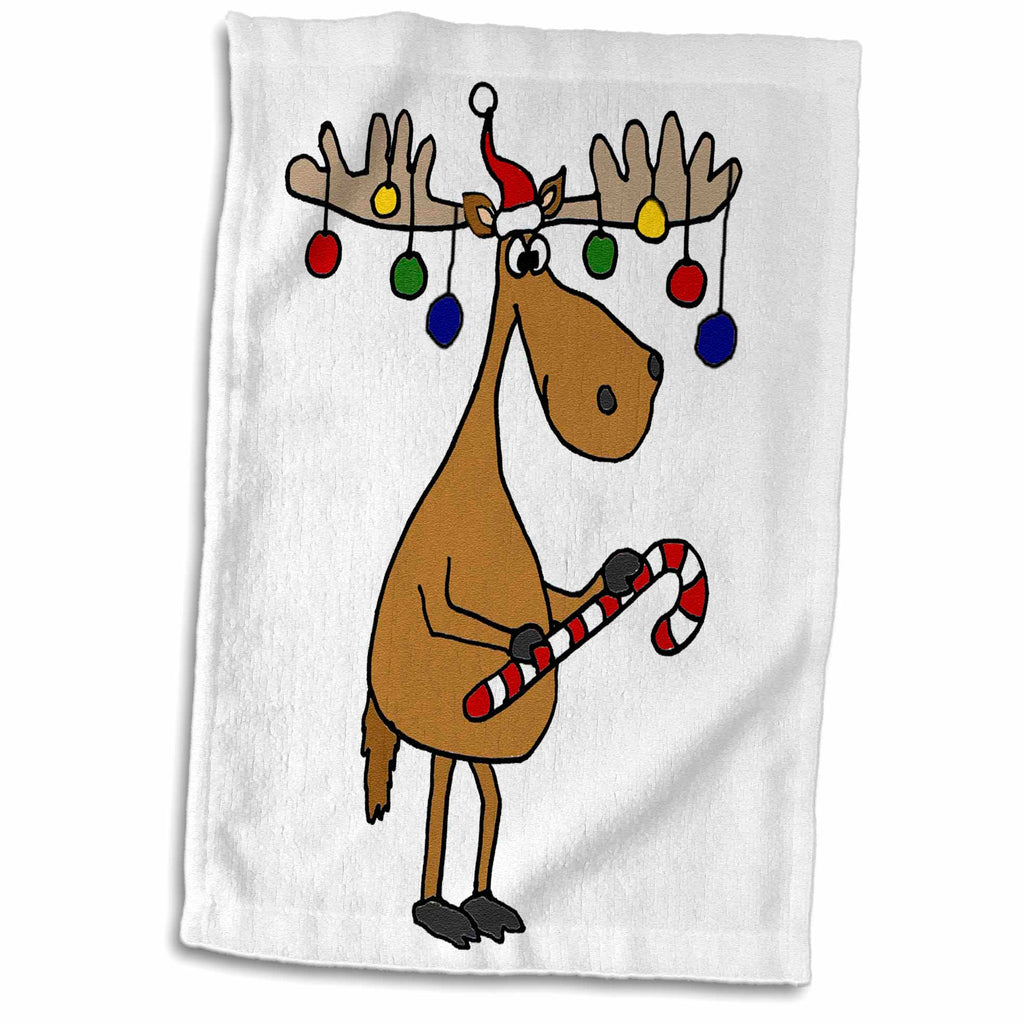3dRose Funny Christmas Moose with Christmas Balls and Candy Cane - Towels (twl-220489)