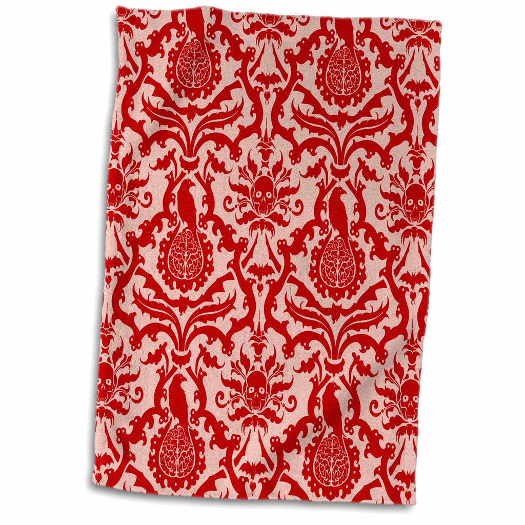 3dRose Bats, Ravens, Brains and Skulls Goth Horror Damask Pattern in Red - Towels (twl-220800)