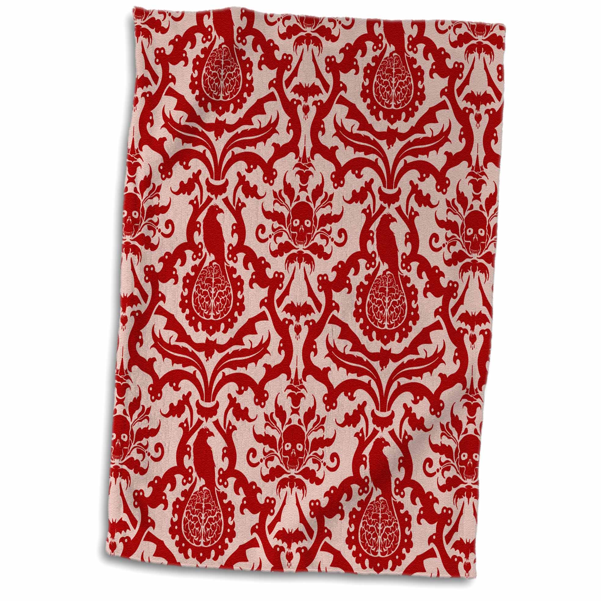 3dRose Bats, Ravens, Brains and Skulls Goth Horror Damask Pattern in Red - Towels (twl-220800)