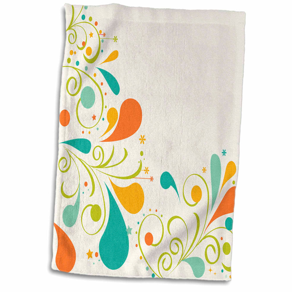 3dRose Pretty Orange, Turquoise and Green Flourishes with Flowers and Stars - Towels (twl-222478)