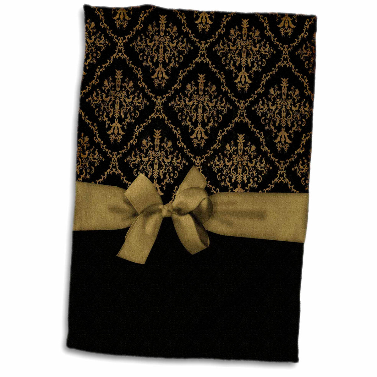 3dRose Ribbon and Bow on Damask Design, Black and Gold - Towels (twl-223591)
