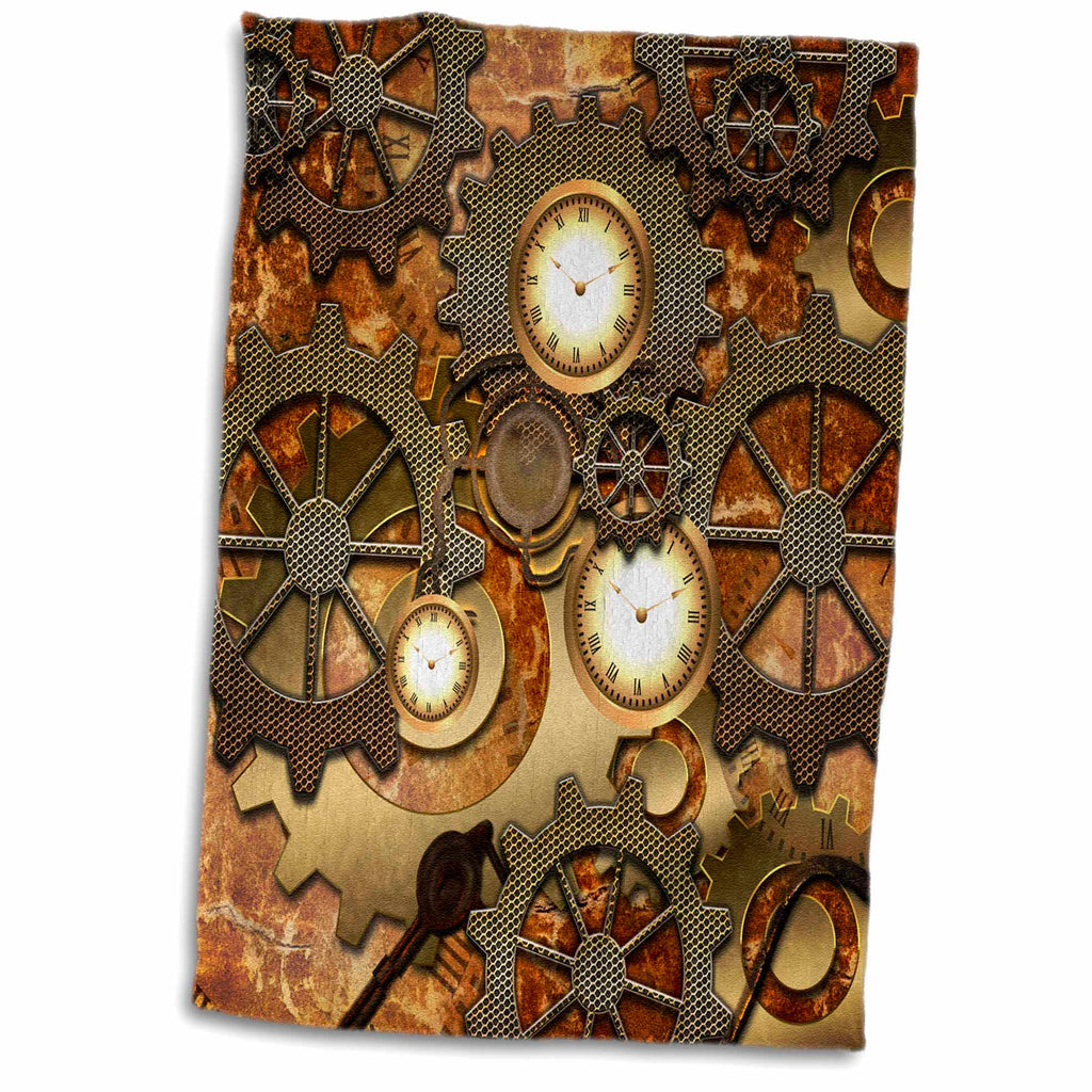 3dRose Heike Köhnen Design Steampunk - Steampunk Clocks Gears in Golden Design - Towels (twl-239732)