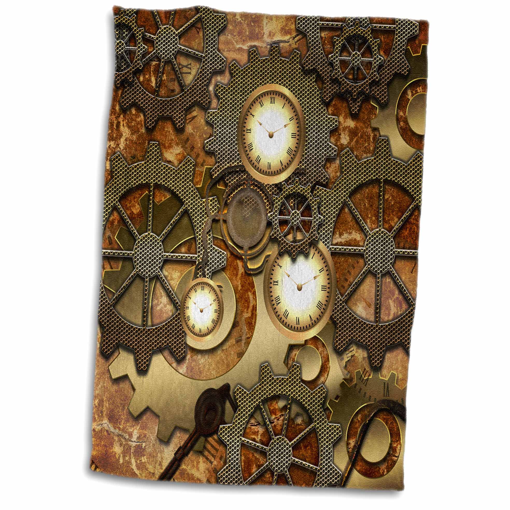 3dRose Heike Köhnen Design Steampunk - Steampunk Clocks Gears in Golden Design - Towels (twl-239732)