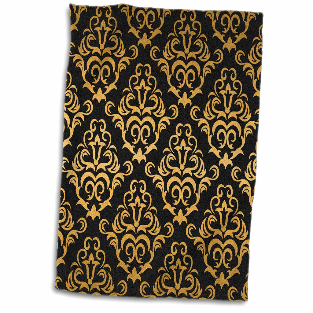 3dRose Anne Marie Baugh - Glam - Glam Gold and Black Large Damask Pattern - Towels (twl-239966)