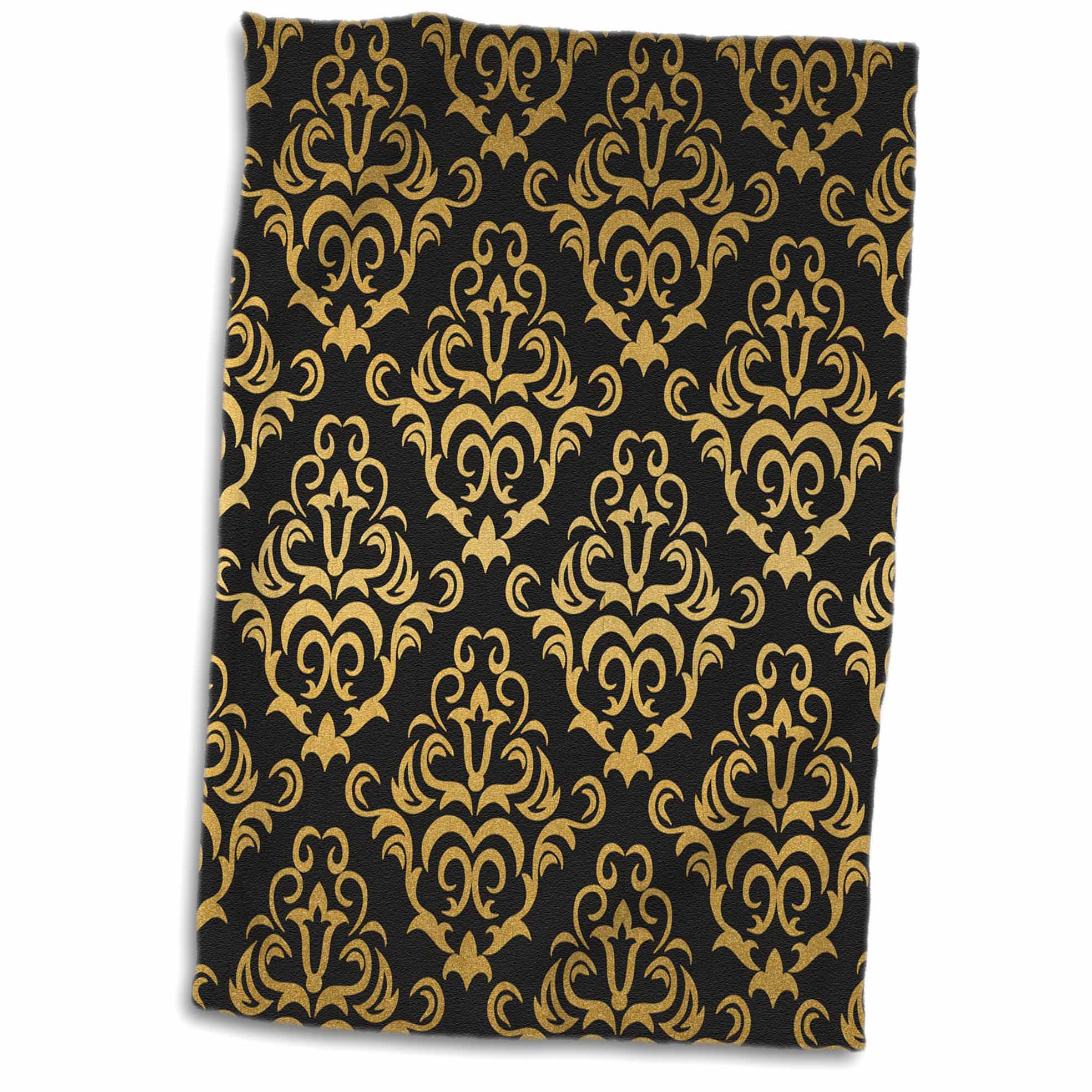3dRose Anne Marie Baugh - Glam - Glam Gold and Black Large Damask Pattern - Towels (twl-239966)