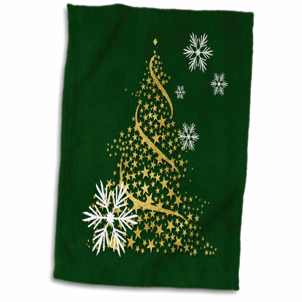 3dRose Faux Gold Leaf Christmas Tree with White Snowflakes and Green - Towels (twl-240139)