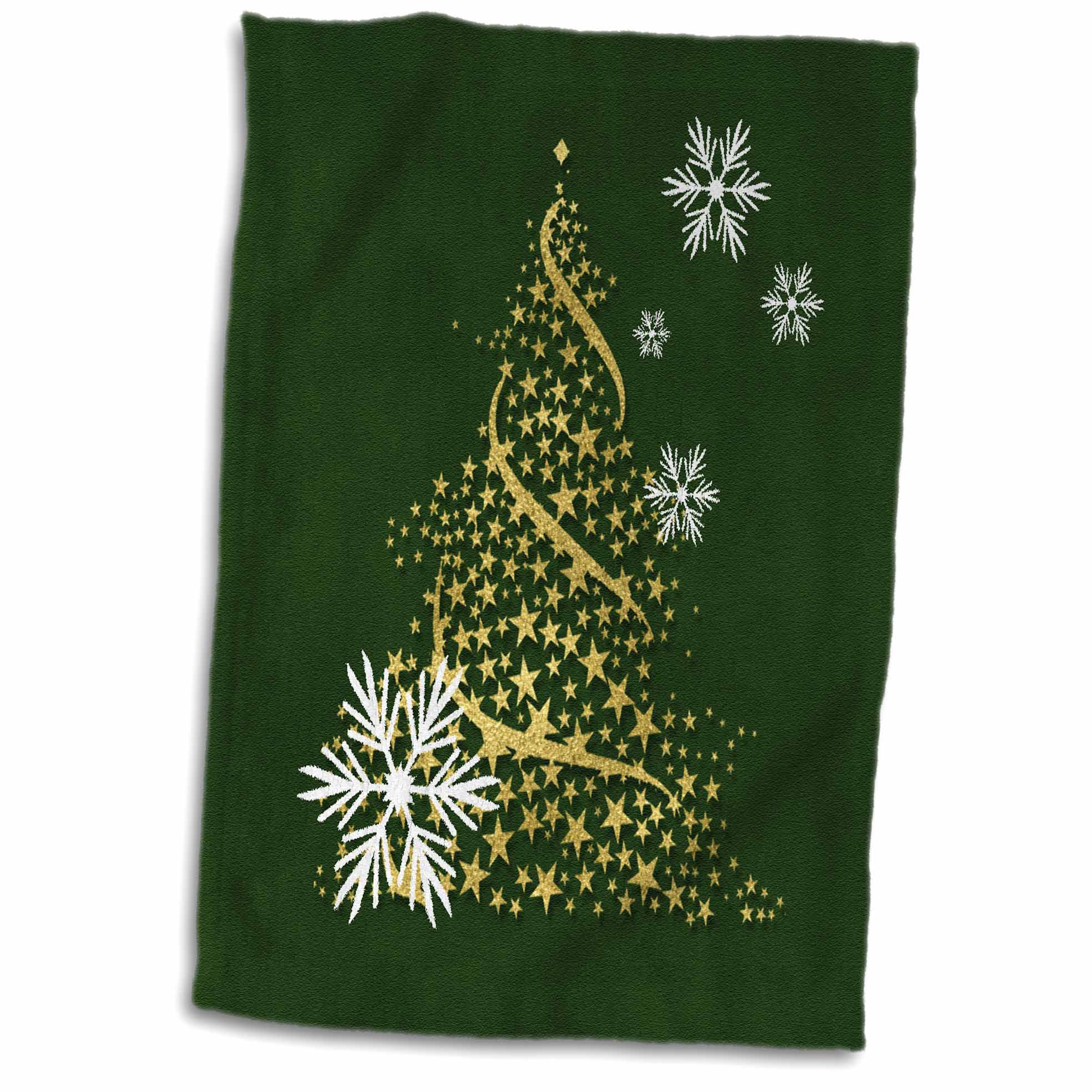 3dRose Faux Gold Leaf Christmas Tree with White Snowflakes and Green - Towels (twl-240139)