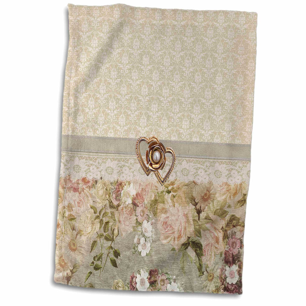 3dRose Beautiful Gold Heart, Pearl Look, Ribbon, Lace, Rose Flowers, Pink - Towels (twl-240779)