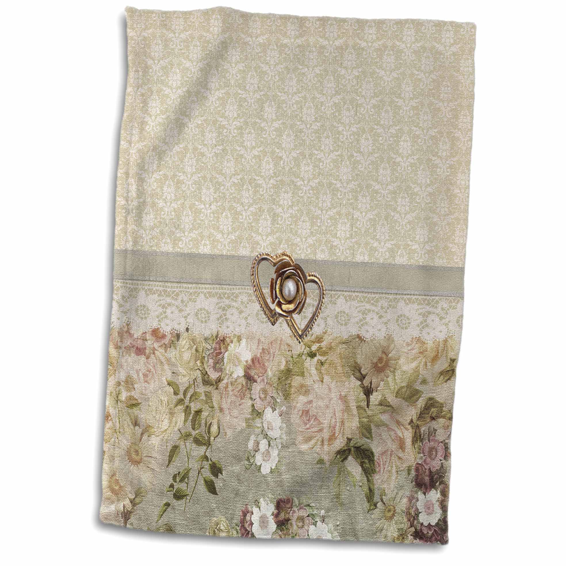 3dRose Beautiful Gold Heart, Pearl Look, Ribbon, Lace, Rose Flowers, Pink - Towels (twl-240779)