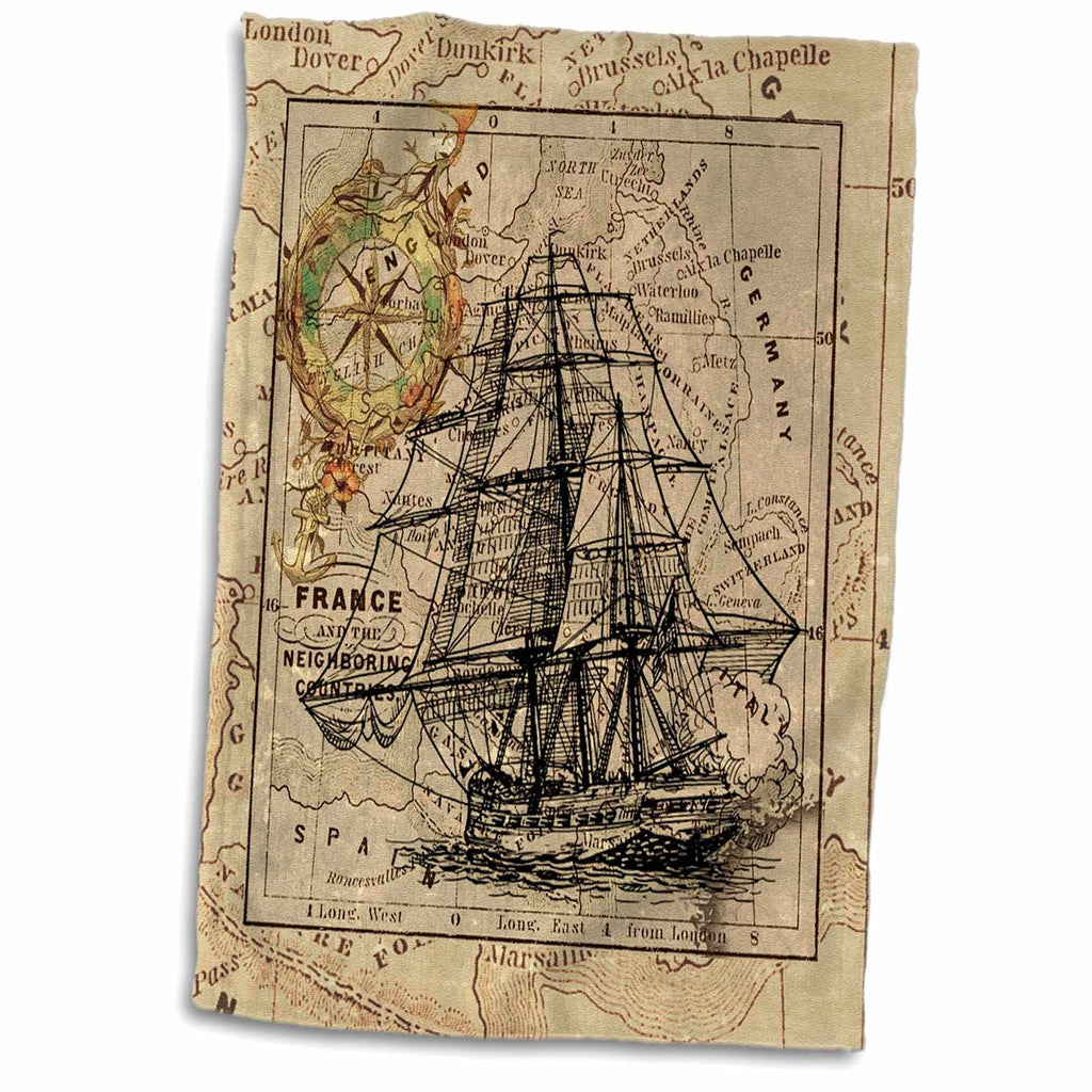 3dRose Image of Black Ghost Ship On Vintage European Map - Towels (twl-243834)