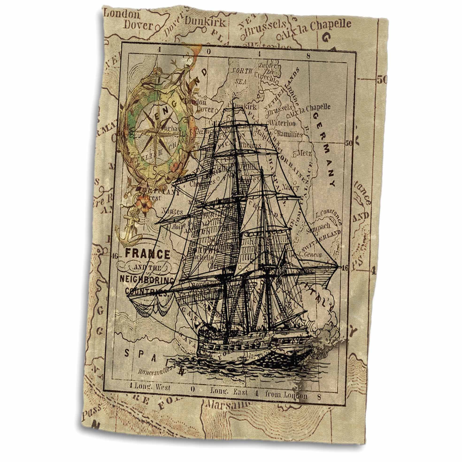 3dRose Image of Black Ghost Ship On Vintage European Map - Towels (twl-243834)