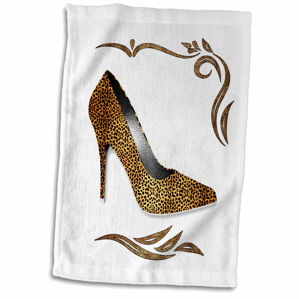 3dRose Flirty Golden Cheetah Print High Heeled Stiletto with Swirls on White - Towels (twl-244692)