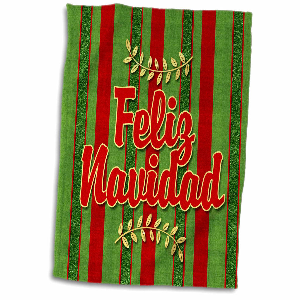 3dRose Feliz Navidad Spanish Festive Red and Green Striped Holiday Sprigs - Towels (twl-245278)
